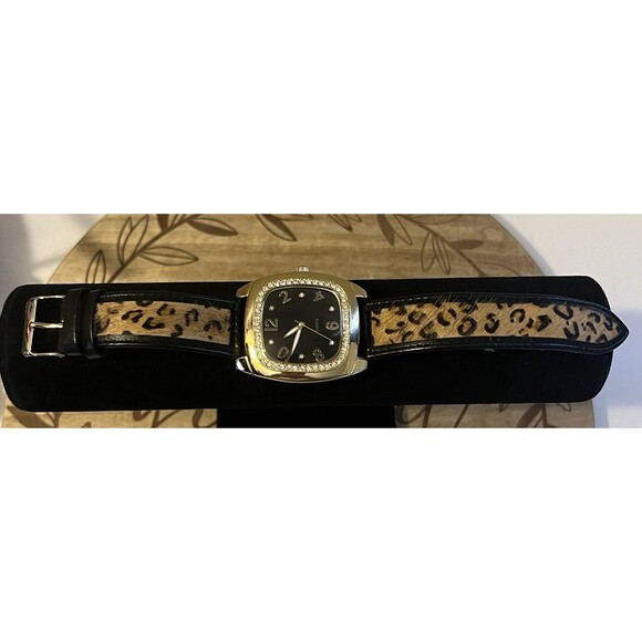 Adrienne Vittadini Womens Rhinestone Calf Hair Cheetah Print Leather Wrist Watch - Picture 6 of 11